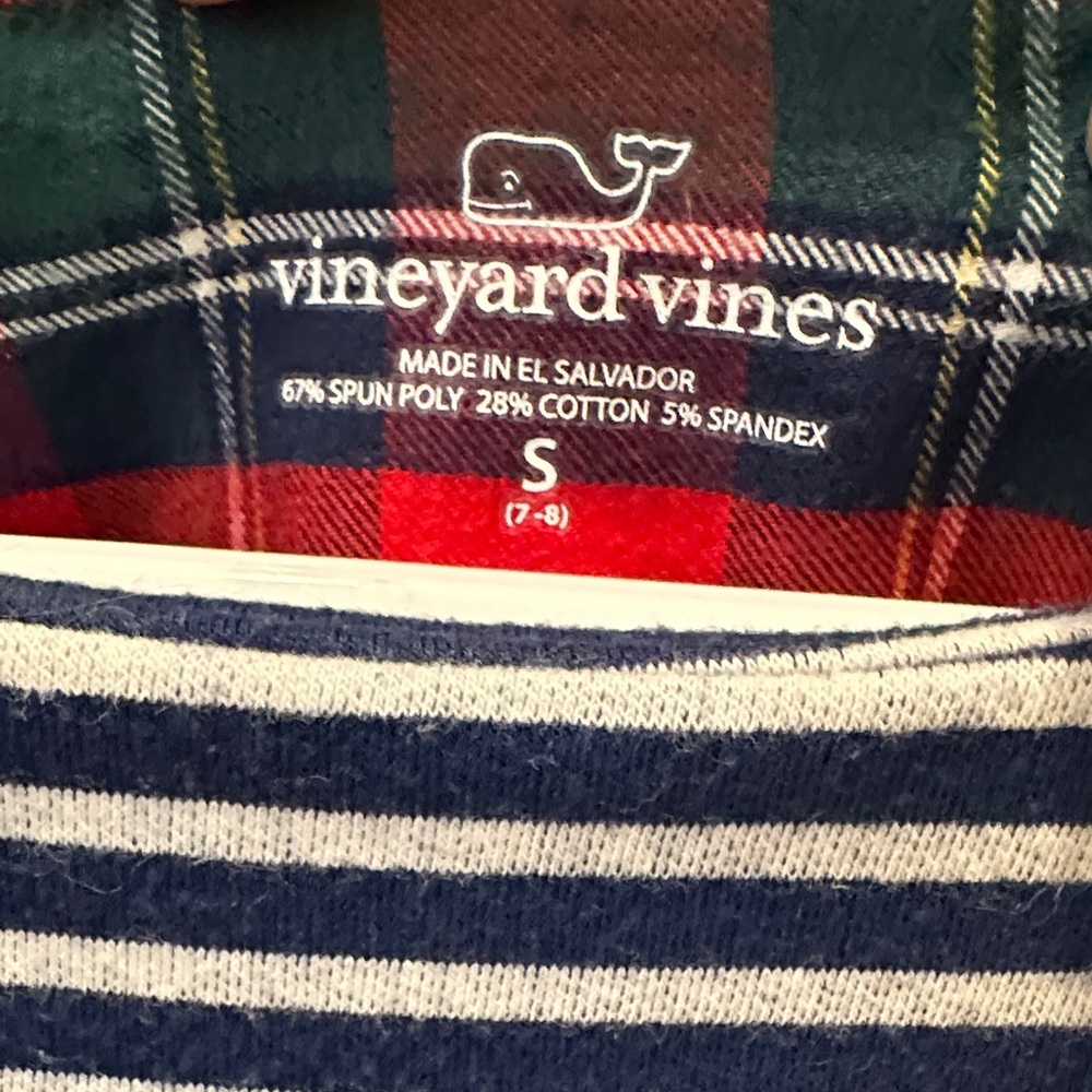Like New! Vineyard Vines Girls Holiday Top Plaid Pocket and Navy Stripes Small - Picture 2 of 3